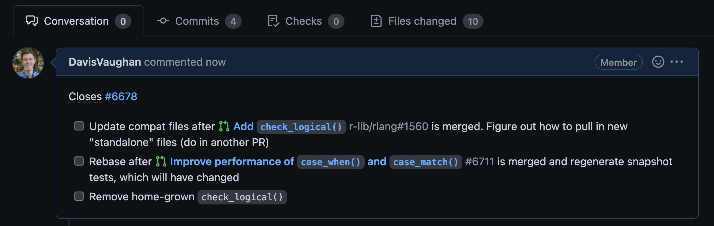 GitHub interface showing a commit message with a checklist of items each of which has an unchecked box.