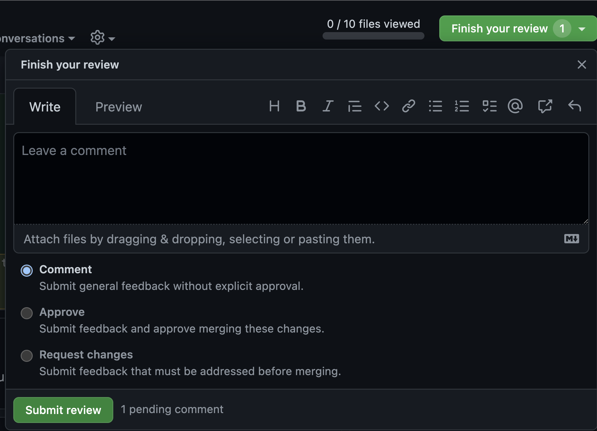 GitHub UI for submitting a review. There is a text area to write comments, and radio buttons with three options for type of feedback submitted: Comment, Approve, and Request changes.