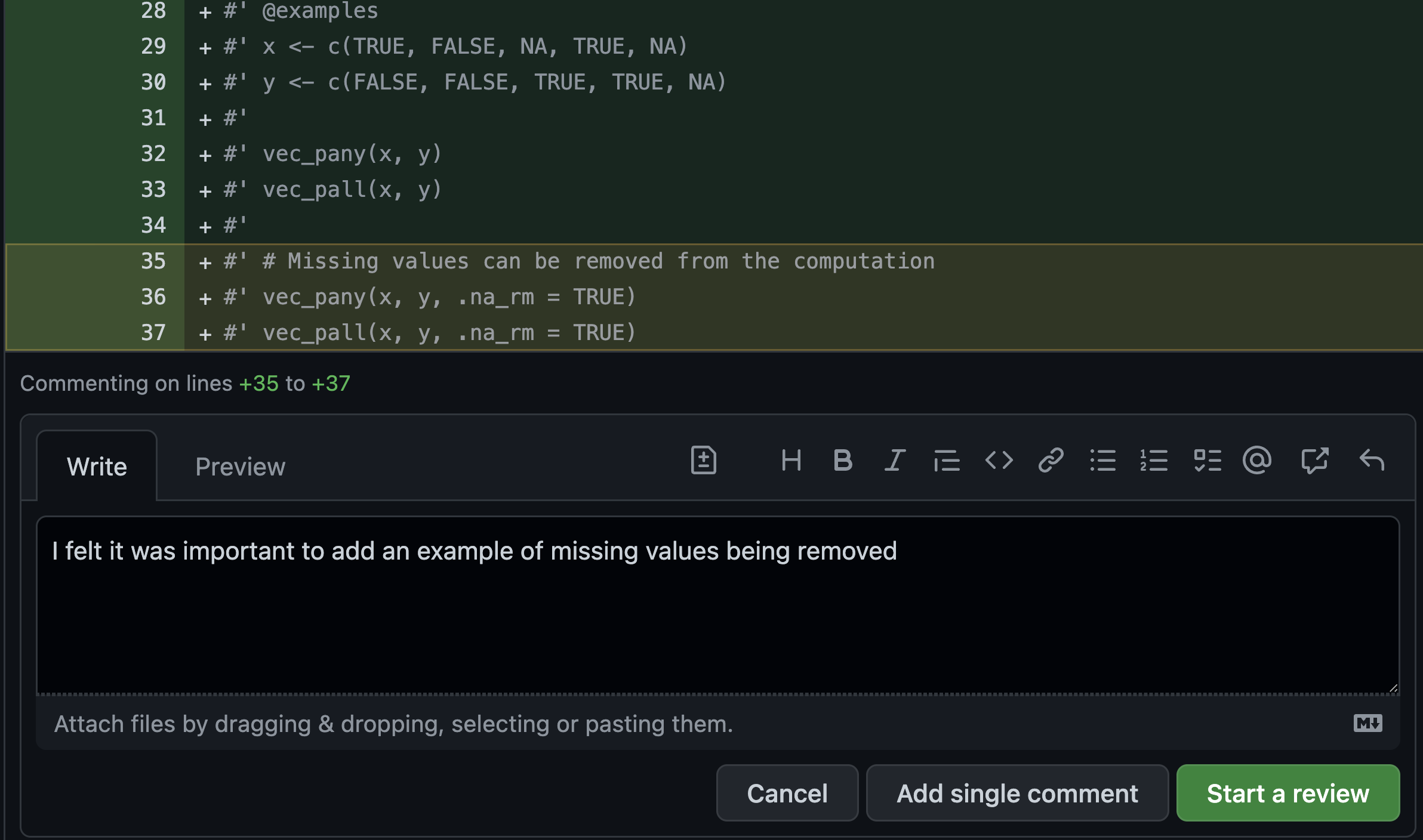 GitHub UI for commenting on code. Selected lines are listed ("Commenting on lines 35 to 37) above the text area where the commenter can write.