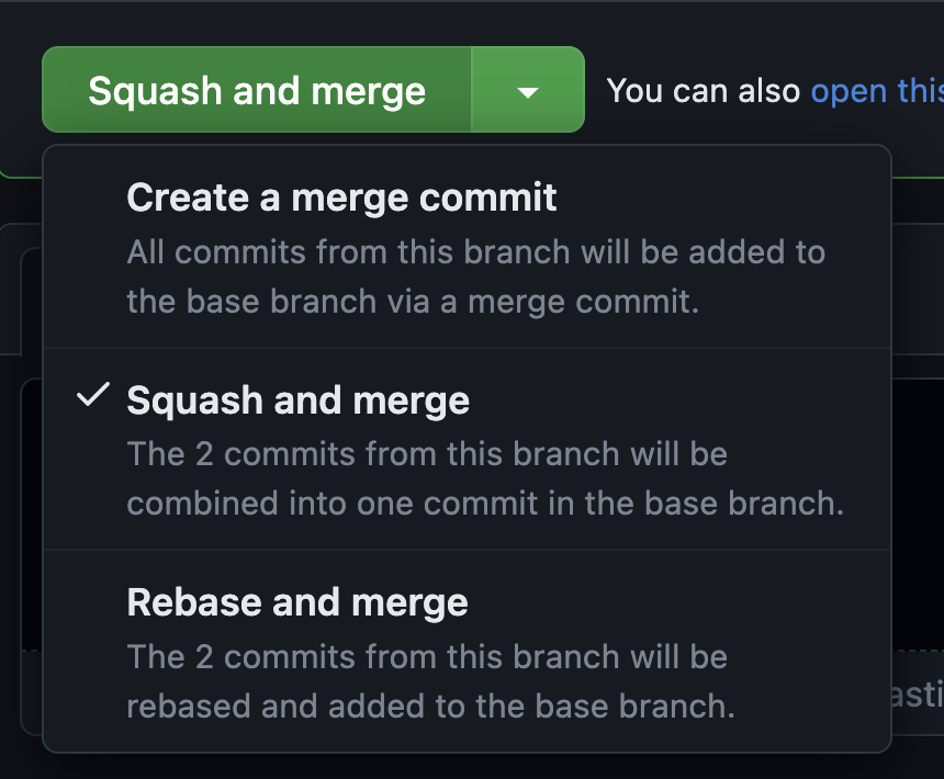GitHub UI for merging. Dropdown is shown with three options: Create a merge commit; Squash and merge; and Rebase and merge.