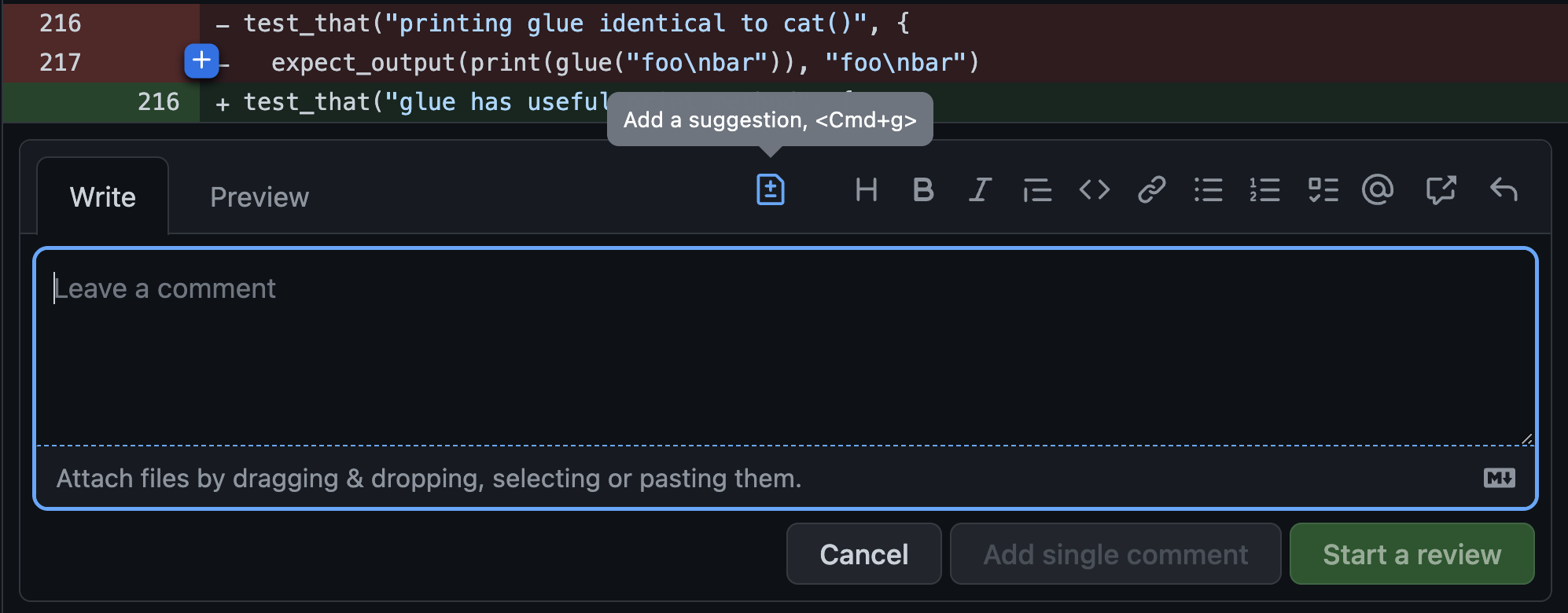 Screenshot of GitHub UI for review comment box. The tooltip for the file-diff icon is open and reads "Add a suggestion, <Cmd + g>".