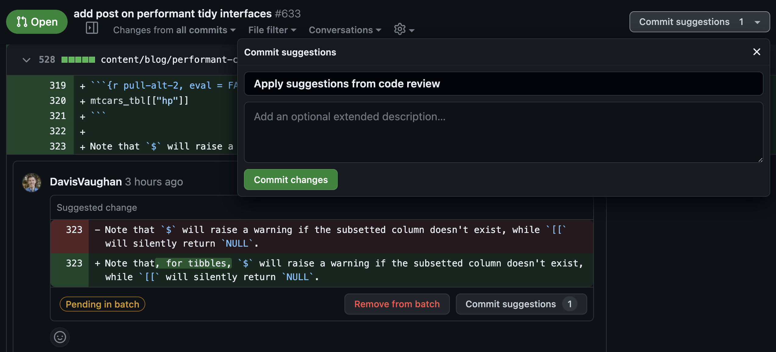 Screenshot of GitHub interface for committing suggestions open. User can supply a title and description and select the "Commit changes" button to apply multiple changes.