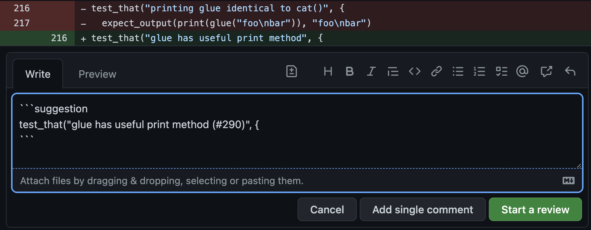 Screenshot of GitHub UI for commenting on a changed file for a pull request. The markup for making a suggestion is shown in the comment box: three backticks before the word suggestion begin the suggested code change, which is followed by three closing backticks.